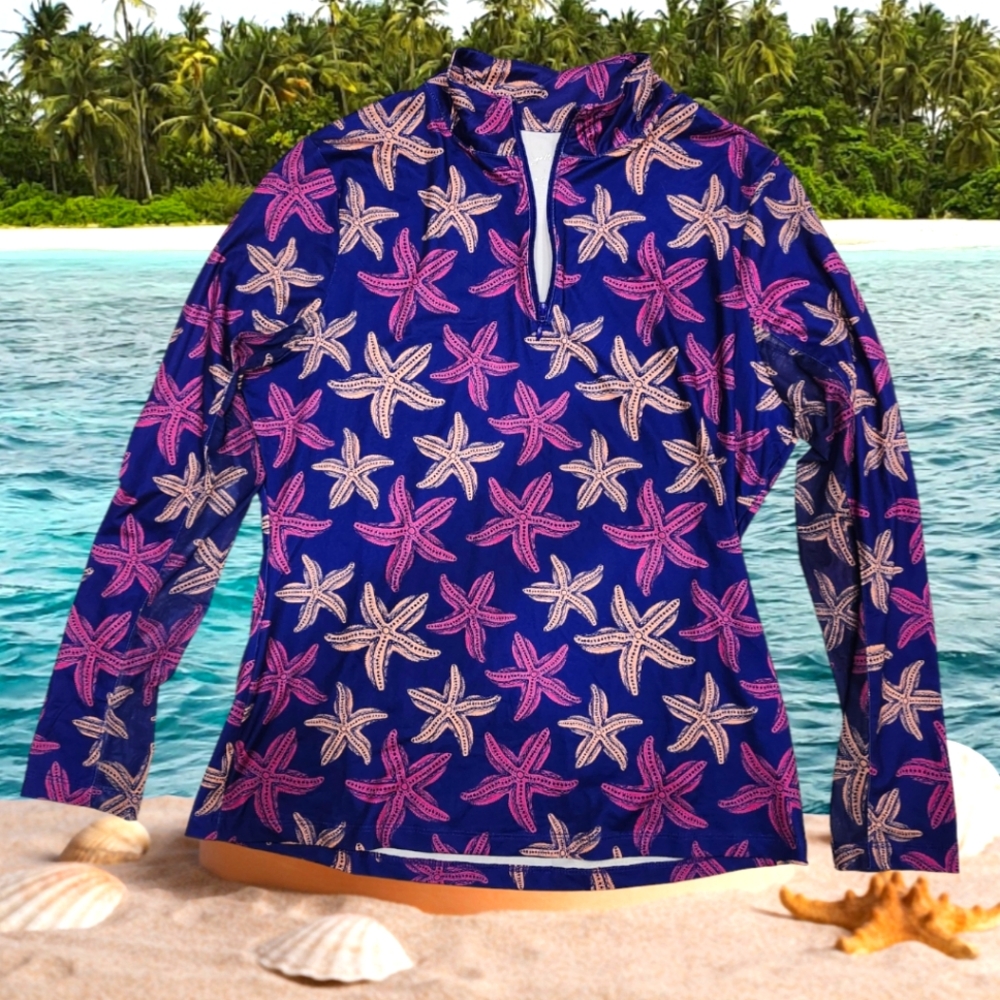 Gottex navy blue starfish golf tennis long sleeve mock shirt women's Sma…